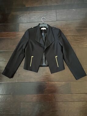Calvin Klein Black Cropped Blazer with Gold Zippers; Size 8